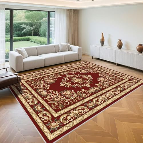 QGYFRE Webteppich Quadratischer Teppich 160x200cm Rot Vintage Blumen Muster für Wohnzimmer Restaurant Kurzflor-Wohnzimmerteppich