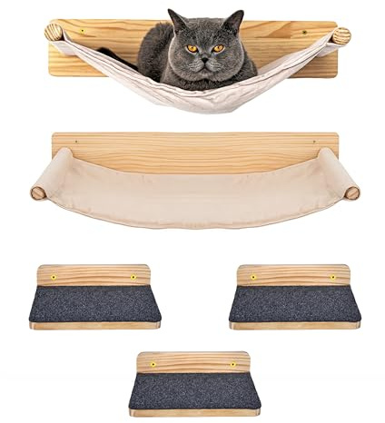 PET VIOLET Katzen Wand-Hängematten Set – 2 Hängematten & 3 Plattformen aus Massivholz & Sisal Modularer Katzen Kletterwand-Turm für Wandmontage stabile Schlafplätze & Kletterwege