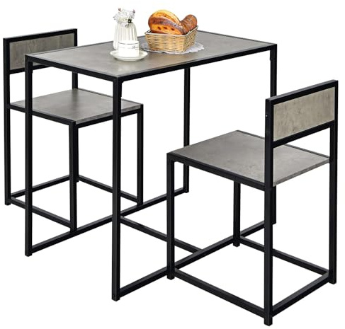 FANTASK 3-teilig Bartisch mit Stühlen, Platzsparend Esstisch mit 2 Stühlen, Kleine Essgruppe mit Metallgestell, Küchentisch-Set für Küche, Esszimmer und Bistro (Grau)