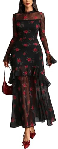 GothDark Womens Long Sleeve Bodycon Evening Winter Wedding Guest Maxi Dress | Round Neck, Fall Bell Sleeve, Ruffle Hem, Date Night, Cocktail, Party, Formal, Elegant Vintage Long Dresses