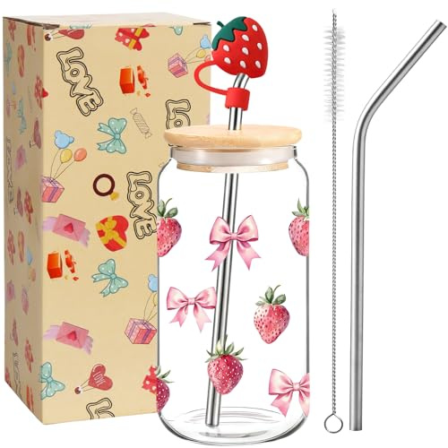 Strawberry Glass Cup,16 Oz Iced Coffee Glass Cups with Lids and Straws,Cute Bow Cup with Straw Topper for Drink, Coffee or Matcha, Ideal Sweet Strawberry Gift for Women Girls Friends Mum Wife Daughter