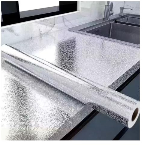 Lxlambentive Self Adhesive Wallpaper, Aluminium Foil Kitchen Worktop Vinyl Wrap, Heat Resistant Waterproof Peel & Stick Wallpaper, 60cmW, 1/3/5/8/10/20m Roll for Furniture Cabinets