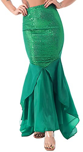 TiaoBug Damen Meerjungfrau Rock Pailletten Röcke Bodenlang Maxirock Kostüm Meerjungfrauenschwanz zum Karneval Fasching Motto Party Outfits Grün XXL