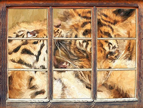 Stil.Zeit Zwei Junge Tiger beim Kämpfen Kunst Pinsel Effekt Fenster im 3D-Look, Wand- oder Türaufkleber Format: 62x42cm, Wandsticker, Wandtattoo, Wanddekoration