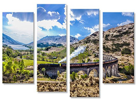 islandburner Bild Bilder auf Leinwand Glenfinnan-Eisenbahn-Viadukt in Schottland mit dem Jacobite-Dampfzug gegen Sonnenuntergang über See Wandbild, Poster, Leinwandbild KVM