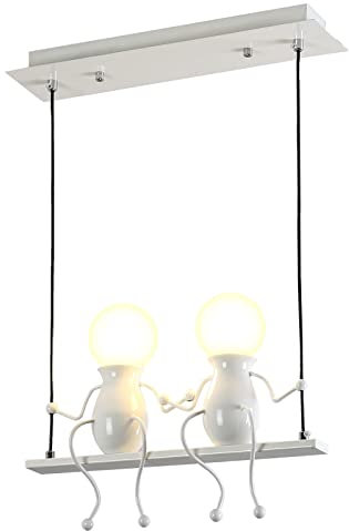 Creativo Illuminazione a sospensione Moderno Doppio Piccole persone Regolabile Luce a sospensione Sala da pranzo Ferro Cartone animato Bambola Lampadari Luci da soffitto 2×E27 Vernice da forno Bianco