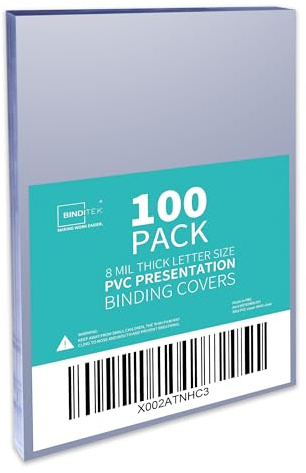 Binditek 100 Pack 8mil PVC Clear Binding Presentation Covers, Letter Size, 8.5 x 11 Inches, Square Corners, Un-Punched, Office Supplies