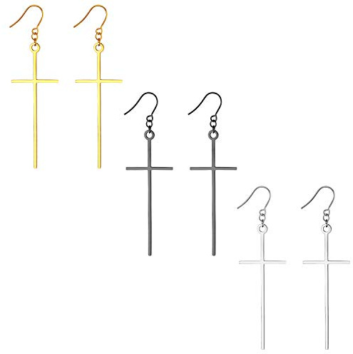 Cupimatch 3 PCS Kreuz Ohrringe Set Herren Damen Ohrstecker Kreuzanhänger Baumeln Creolen Ohrpiercing Tunnel Ohrringe Kleine Hoop Earring Schwarz Gold Silber