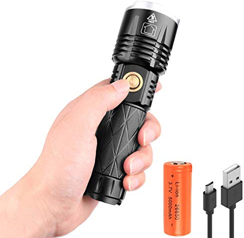 LUXJUMPER Rechargeable LED Torch, Powerful Tactical Torches 10000 Lumens 5 Modes Zoomable Waterproof Super Bright Handheld Flashlight for Camping Hiking with Rechargeable 26650 Batteries