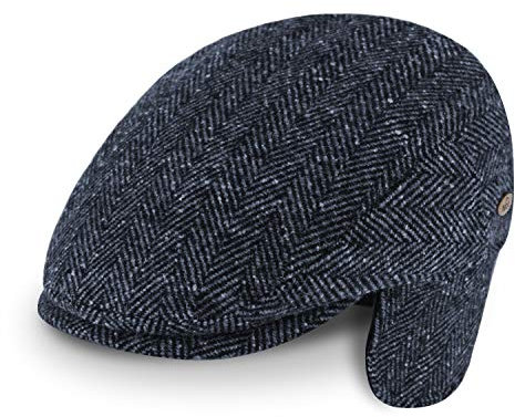 fiebig Flatcap Herringbone mit Ohrenschutz | Schirmmütze aus Wollmix mit Ohrenklappen | Fischgrät Gatsby Kappe Made in Italy (60-XL, Marineblau)