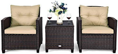 COSTWAY Salon de Jardin en Rotin PE 3 Pièces 2 Places avec Coussins Lavables, 1 Table Basse en Verre Trempé et 2 Fauteuil avec Coussins de Dossier et de Siège pour Terrass, Piscine