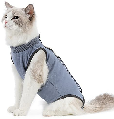 kzrfojy Cat Surgery Recovery Suit Cat Onesie for Cats After Surgery Spay Surgical Abdominal Wound Skin Diseases E-Collar Alternative Wear (Grey-Blue-M)