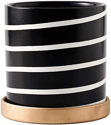 BERTY·PUYI Startseite Einfachheit Schwarz-weiß gestreifte Keramik-Übertöpfe mit Tablett Moderner zylindrischer Blumentopf mit Ablaufloch-L