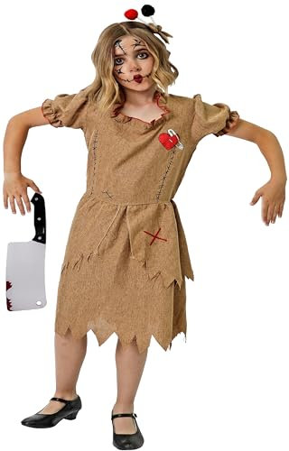 Gojoy shop-Disfraz de Muñeca Vudú para Niños Halloween,Carnaval.(Contiene:Disfraces,Cuchillo de Broma y Mochila de Cuerdas.) (7-9 años, Niña-Vestido,Alfileres)