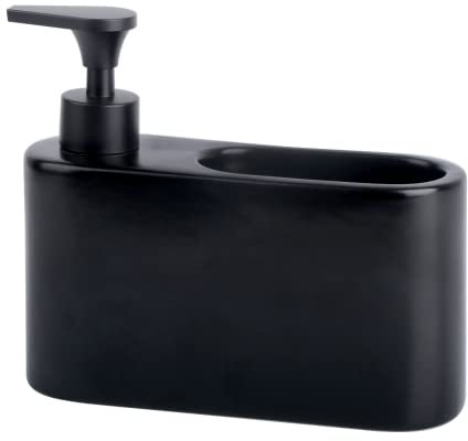 KOOK TIME Dispenser sapone cucina | Porta sapone cucina e porta spugna ceramica | Dispenser detersivo piatti | Organizzatore per lavello da cucina compatto. 18x6x15.8 cm. Colore: Nero