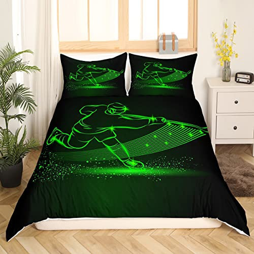 Jungen Hockeyspieler Bettwäsche Set 135x200,Teens Hockeyschläger und Puck Bettdecke mit 1 Kissenbezug,Cartoon Eishockey Bettbezug Weich,Wintersport Glitzer Geometrische Tagesdecke,Grün Schwarz