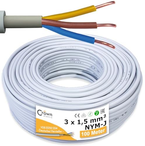 NYM-J 3x1,5mm² Kabel 100m | Feuchtraumkabel für 300V/500V | Elektrokabel 3-Adrig mit PVC Mantel | Ø1,5mm² Stromkabel für Elektroinstallation in Weiß/Grau | Kabellänge am Stück