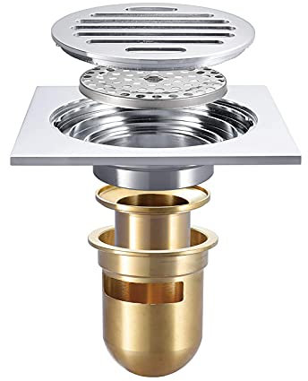ZGJYSP Bodenablauf Messing 120 mm x 120 mm Duschablauf mit Haarfänger und runder Abdeckung,Siphon-Desodorierungs-Abwasserventil,quadratisches Dusch-Bodenablaufsieb,Chrom