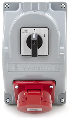 ELS Elektrotechnika Kombi Wandsteckdose CEE 16A/400V mit Schalter 0-1, Aufputzmontage, IP 44. Steckdosenverteiler Baustromverteiler Verdrahtet, Anschlußfertig für Garage, Werkstatt, Fabrik