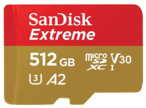 SanDisk Extreme microSD UHS I 512GB card for 4K video on smartphones, sports cameras and drones 190MB/s readout, 130MB/s write, SDSQXAV 512G GN6MN, red/gold