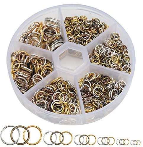Biegeringe Offene Spaltringe für Schmuck Messing Spaltring Kettenringe 4mm-10mm Biegeringe Edelstahl Split Ringe Sets mit Plastik Box für Schmuckherstellung, Halskette, Armband DIY(970 Stück 6 Farben)