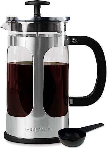 Farberware French Press Coffee Maker, Tea & Espresso Maker, Stainless Steel Cold Brew Press, Heat-Resistant Borosilicate Glass, BPA-Free, Measuring Spoon Included, 8 Cup Capacity (Stainless)