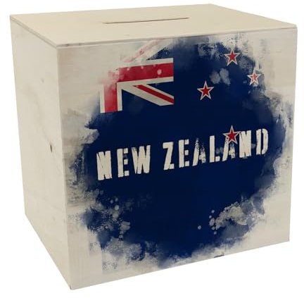Spardose aus Holz mit Neuseeland-Flagge im Used Look - Sparschwein für Urlauber eine schöne Sparbüchse mit der neuseeländischen Nationalflagge verziert um auf die Reise nach