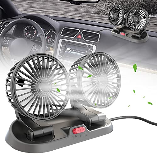 Foreverup Auto Ventilator 12V/24 V,Doppelkopf Auto Lüfter 2 Geschwindigkeiten,Auto Kfz Lüfter 180° Einstellbare & 360° Drehbarer mit USB und Klebstoff,für Auto, LKW, SUV,Van,Schreibtisch（Schwarz）