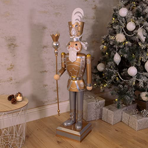 Marco Paul Riesen-Nussknacker, 119 cm, Weihnachts-Metall beleuchtet traditionelle Festliche Figur mit 23 warmweißen LEDs Innendekoration, Neuheit, Ornament batteriebetrieben, beleuchtet (Gold & Weiß)