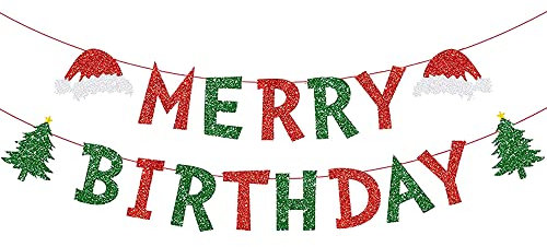 Merry Birthday Banner Red & Green Glitter Christmas Xmas Tree Garland Christmas Birthday Banner for Fireplace Mantle Xmas Birthday Christmas Baby Shower Vacation Holiday Party Decorations
