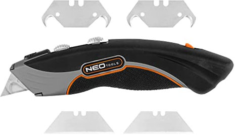 NEO TOOLS Messer mit Trapez- und Hakenklinge, zwei einsatzbereite Klingentypen (Haken- und Trapezklinge), Klingenarretierung, 2-Komponenten-Griff, schneller und einfacher Klingenwechselmechanismus