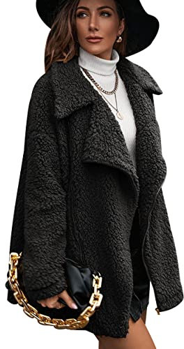 Sherpa Jacket Womens Long Fluffy Jacket Ladies Teddy Coats Warm Fleece Jacket Coat Teddy Bear Jackets for Women Lady Sherpa Jacket Womens Winter Coats Casual Lapel Long Sleeve Fleece Faux Fur Jacket L