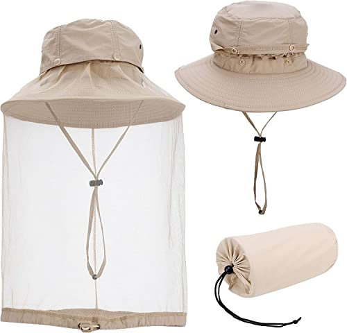Mogokoyo Moskito Kopfnetz Hut Imkerhut Anti-Moskito Sonnenhut Fischerhut mit Mückennetz für Männer und Frauen Gesicht Schutz Hut für Outdoor Gartenarbeit Dschungel Angeln (Khaki)