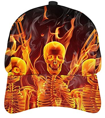 KJHBVND Baseballkappe für Männer und Frauen, schwarze Flamme Feuer Skelett Totenkopf Musik Tod Hip Hop Caps Papa Trucker Cap Verstellbare Snapback Hüte, Schwarz , One size