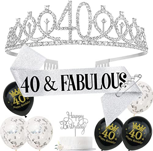 GoldRock Krone 40 Geburtstag Frauen Silber, Geschenk zum 40 Geburtstag Frau,Geburtstagskrone 40 Jahre,Schärpe Deko 40. Geburtstag,40er Geburtstag Frauen Luftballons,Cake Topper,Deko zum 40 Geburtstag