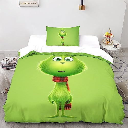The-Grinch Kuschelige Bettbezüge Mit Cartoon-Animation 3D-Druck 3-teilige Bettwäschesets Aus Mikrofaser Mit Verstecktem Reißverschluss Und Pillowcases Für Eine Angenehme Nachtruhe Single(135x200cm)