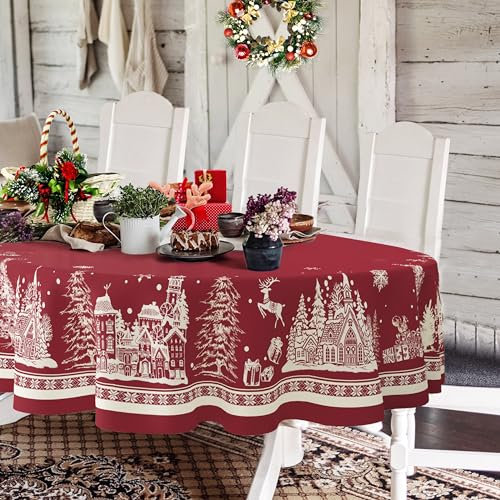Ovale Weihnachtstischdecke, Weihnachtsbaum, Elch, Weihnachtsmann, Schneeflocke, Rot, Polyester, wasserdicht, knitterfrei, langlebig, Tischdecke für Urlaub, Küche, Winter und Heimdekoration
