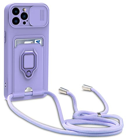 yanasuo Schiebe Kameraschutz Silikon Handykette Hülle kompatibel mit iPhone 15 Pro Max, Metall Ring Halter Handy Cover,Verstellbarer Halskette Handyhülle-Lila