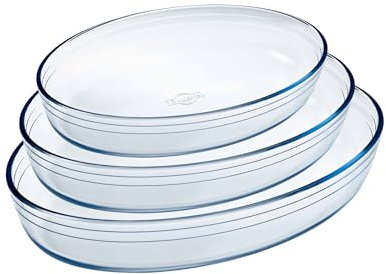 Ôcuisine® Rectangular Glass Baking & Roasting Dishes | Extreme Resistance | Oven Safe - Freezer Safe - Microwave Safe | Borosilicate Glass | Made in France (Set of 3 Oval Roasters (2, 3, 4LT))
