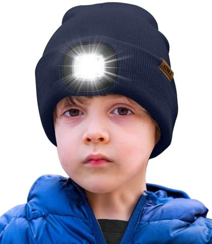 ATNKE Kids LED Beleuchtete Mütze mit Licht,Wiederaufladbare USB 4 LED Laufmütze Extrem Heller Lampe Winter Warme Stricken Mütze Großartig Geschenke für Jungen und Mädchen/Light Navy Blue