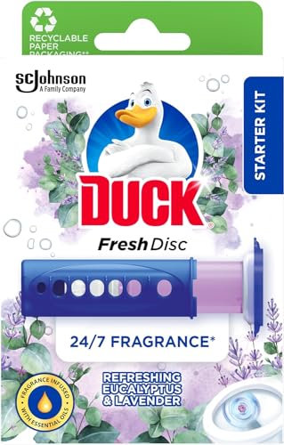 Duck Fresh Discs Toilet Cleaner Starter Kit, Fights Stains That Harbour Germs, Prevents Limescale Build Up, Eucalyptus & Lavender, 1 Holder + 1 Refill