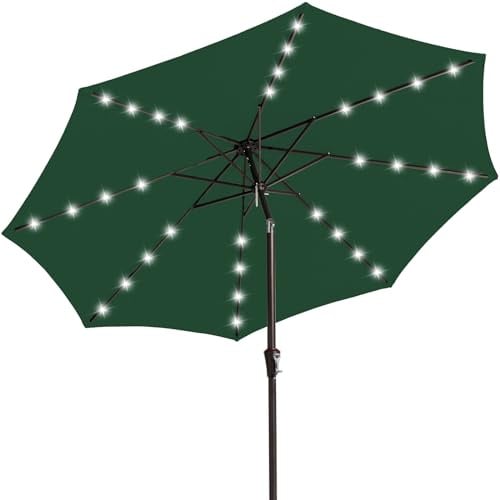 JEAREY Sombrilla de patio con luz LED de 9 pies, sombrilla solar para exteriores, sombrilla de mesa inclinable para piscina, terraza y patio (verde oscuro)