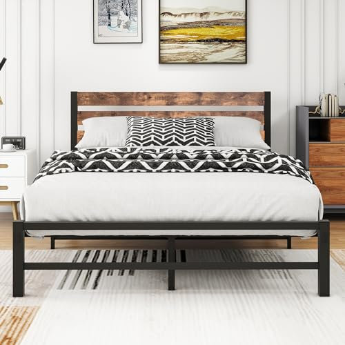 VERFARM Modern Metallbett Bettrahmen, Metall Bett Bettrahmen mit Holz Kopfteil, Bettgestelle mit Lattenrost für Schlafzimmer Gästezimmer, Einfache Montage, 140 x 200 cm, Schwarz-Braun