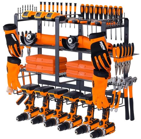 Roucerlin 4 Layers Large Power Tool Organizer Wall Mount, Weight Capacity 180+LBS Cordless Tool Organizer with 6 Drill Holder, Heavy Duty Metal Power Storage Rack for Garage (Black)