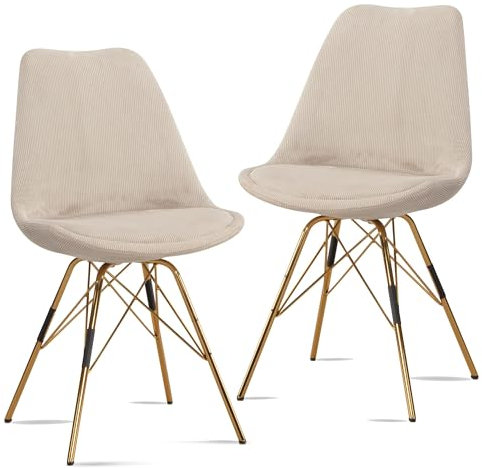 FineBuy Esszimmerstuhl 2er Set Cara-Stoff Küchenstuhl mit goldenen Beinen, Cord-Schalenstuhl Skandinavisches Design, Polsterstuhl mit Stoffbezug, Stuhl Gepolstert