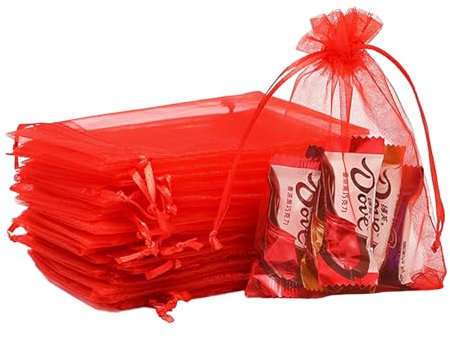 100pk Red Organza Gift Bags,10x15cm Small Organza Favor Bags,Wedding Jewelry Pouches with Drawstring,Mesh Candy Favour Bag Party Sweet Bags for Birthday,Wedding,Christmas,Gift Wrapping