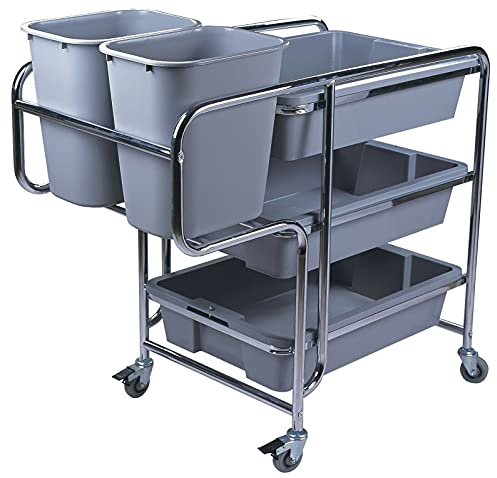 Heavy-Duty Storage Trolley on Wheels 165-Litre Commercial Trolly on Wheel – Strong & Durable, with Brakes on Wheels, 3 Removable Trays, and 2 Buckets, 3 Tier Trolley