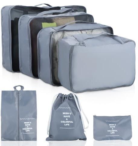 7 teilige Packing Cubes - Kleidertaschen - Packwürfel Set für Urlaub und Reisen, Koffer Organizer, wasserdichte Reise Packtaschen, Ordnungssystem für Koffer und Rucksack(grau)