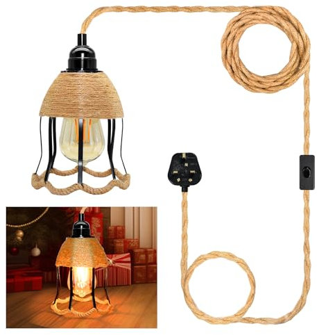 Hemp Rope Plug in Pendant Light Cord Kit, 510 CM Cable E27 Lamp Holder with Switch, Include Flower Shape Metal Lampshade, Plug in Ceiling Light, Rope Light Fitting, Vintage Hanging Light, No Bulb