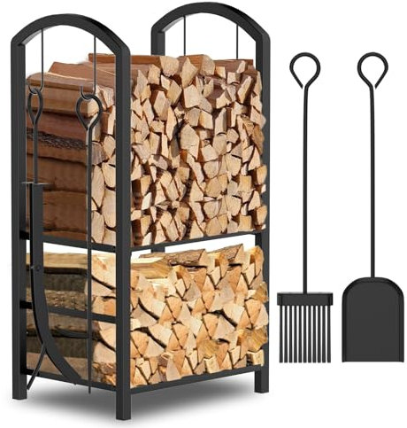 Eldzenith Kaminholzregal Innen mit 4 Kaminbesteck 75x40x38cm Metall Brennholzregal Kaminholzständer Doppelschicht Feuerholzregal für Kamin kaminholz aufbewahrung für Innen und Ausse, Schwarz